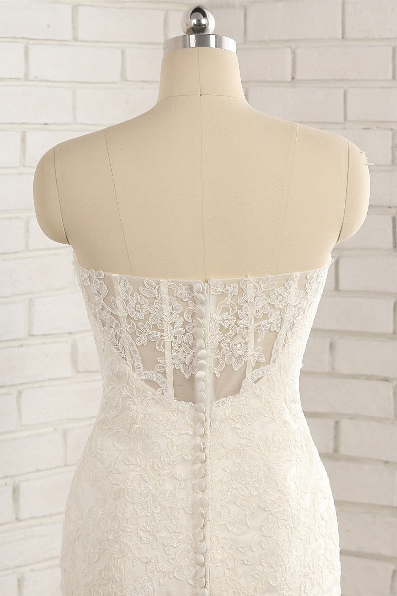 Gorgeous Strapless Sleeveless Lace Tulle Wedding Dress Sweetheart Appliques Mermaid Bridal Gowns