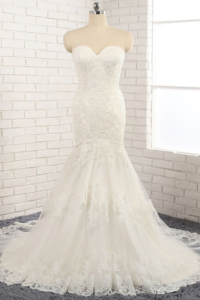 Gorgeous Strapless Sleeveless Lace Tulle Wedding Dress Sweetheart Appliques Mermaid Bridal Gowns