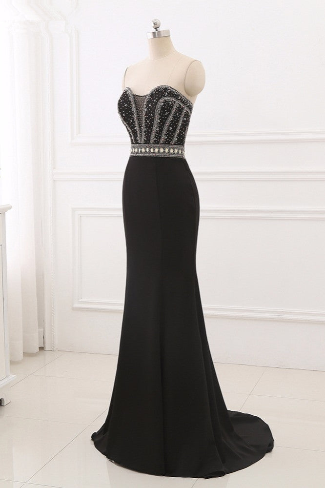 Gorgeous Strapless Sweetheart Black Mermaid Prom Dresses with Rhinestones