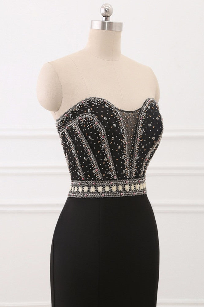 Gorgeous Strapless Sweetheart Black Mermaid Prom Dresses with Rhinestones