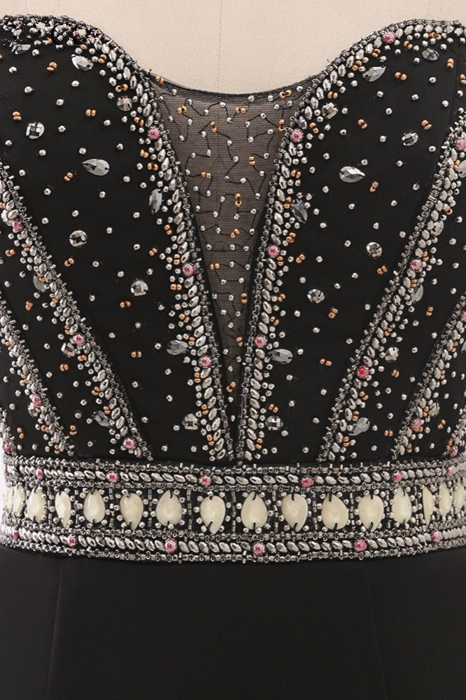 Gorgeous Strapless Sweetheart Black Mermaid Prom Dresses with Rhinestones