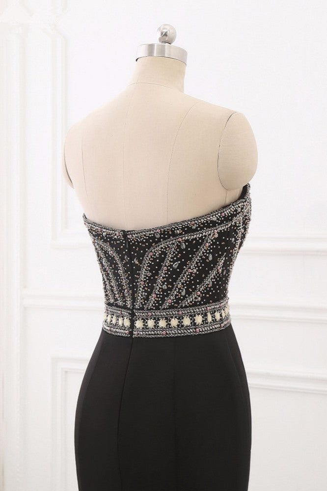 Gorgeous Strapless Sweetheart Black Mermaid Prom Dresses with Rhinestones