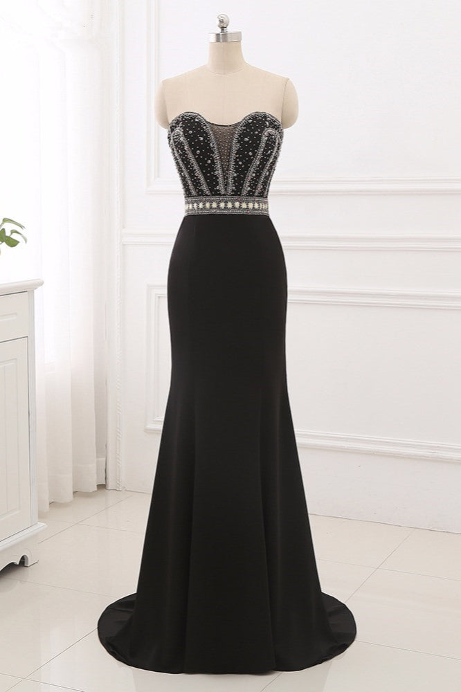 Gorgeous Strapless Sweetheart Black Mermaid Prom Dresses with Rhinestones