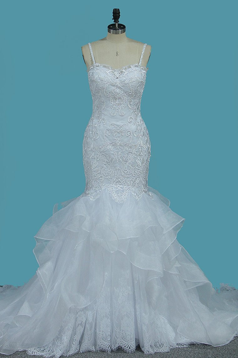 Gorgeous Straps Sweetheart Mermaid Wedding Dress Tulle Lace Appliques Ruffles Bridal Gowns