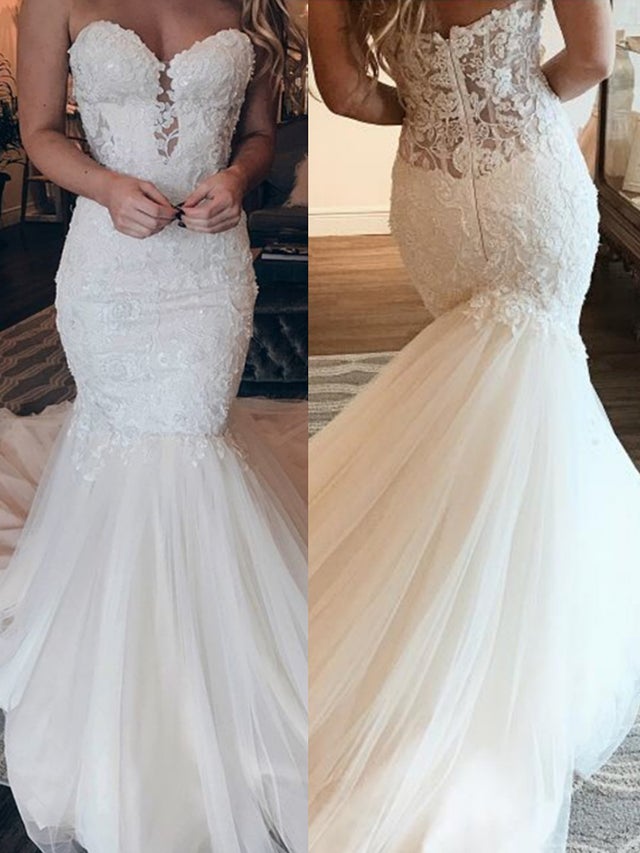 Gorgeous Sweetheart Lace Wedding Dress Mermaid Tulle Skirt