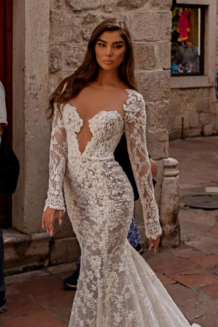 Gorgeous sweetheart longsleeves mermaid lace Wedding Dresses