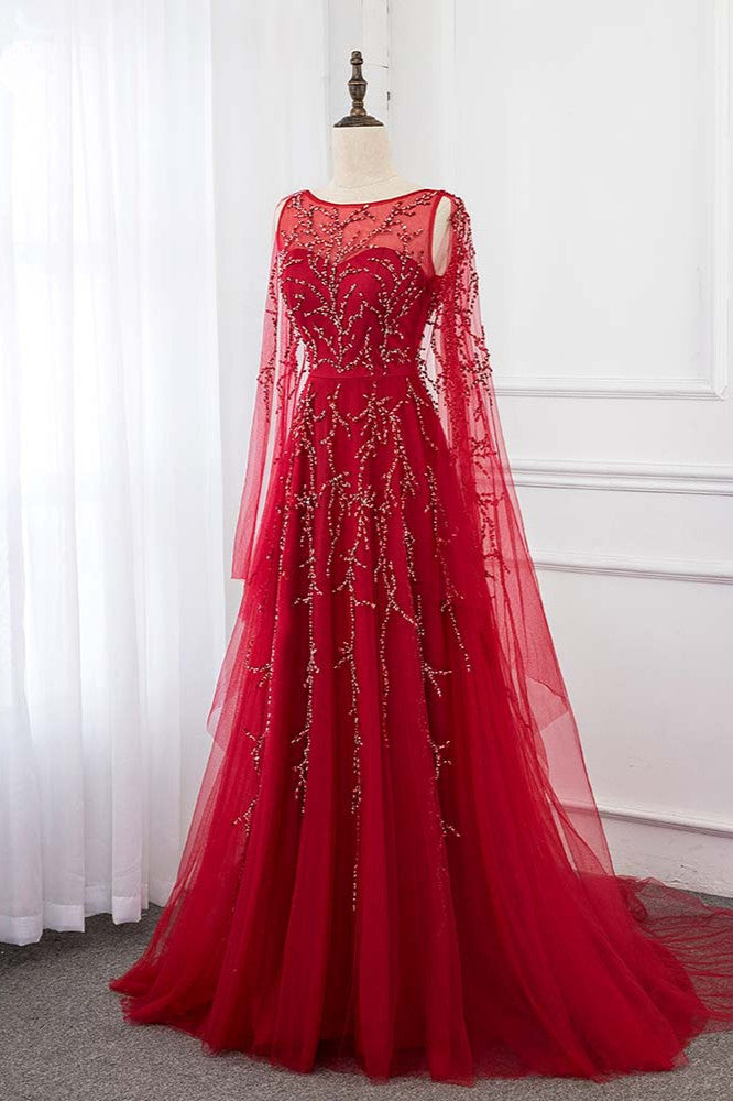 Gorgeous Tulle Jewel Ruffle Burgundy Prom Dresses with Beadings