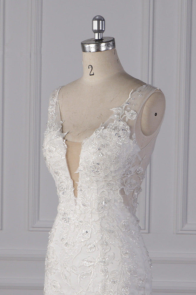 Gorgeous V-Neck Mermaid Lace Appliques Wedding Dress Sequined Sleeveless Bridal Gowns