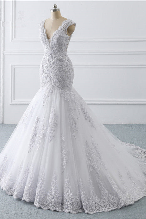 Gorgeous V-Neck Tulle Lace Wedding Dress Sleeveless Mermaid Appliques Bridal Gowns On Sale