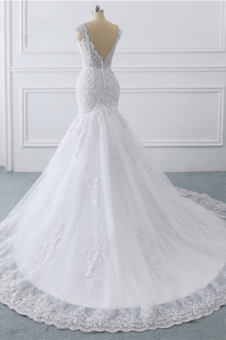 Gorgeous V-Neck Tulle Lace Wedding Dress Sleeveless Mermaid Appliques Bridal Gowns On Sale