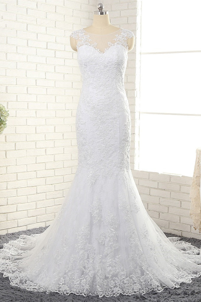 Gorgeous White Mermaid Lace Wedding Dresses With Appliques Jewel Sleeveless Bridal Gowns