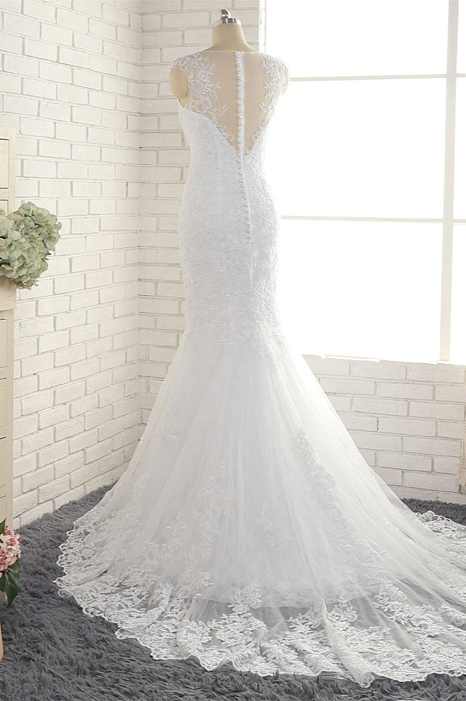 Gorgeous White Mermaid Lace Wedding Dresses With Appliques Jewel Sleeveless Bridal Gowns