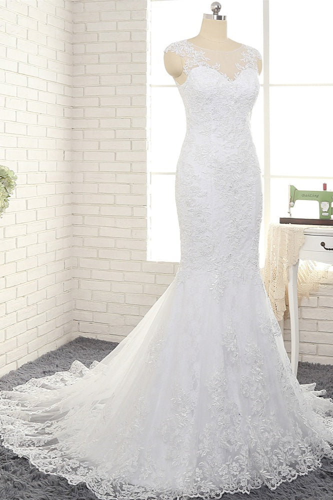 Gorgeous White Mermaid Lace Wedding Dresses With Appliques Jewel Sleeveless Bridal Gowns