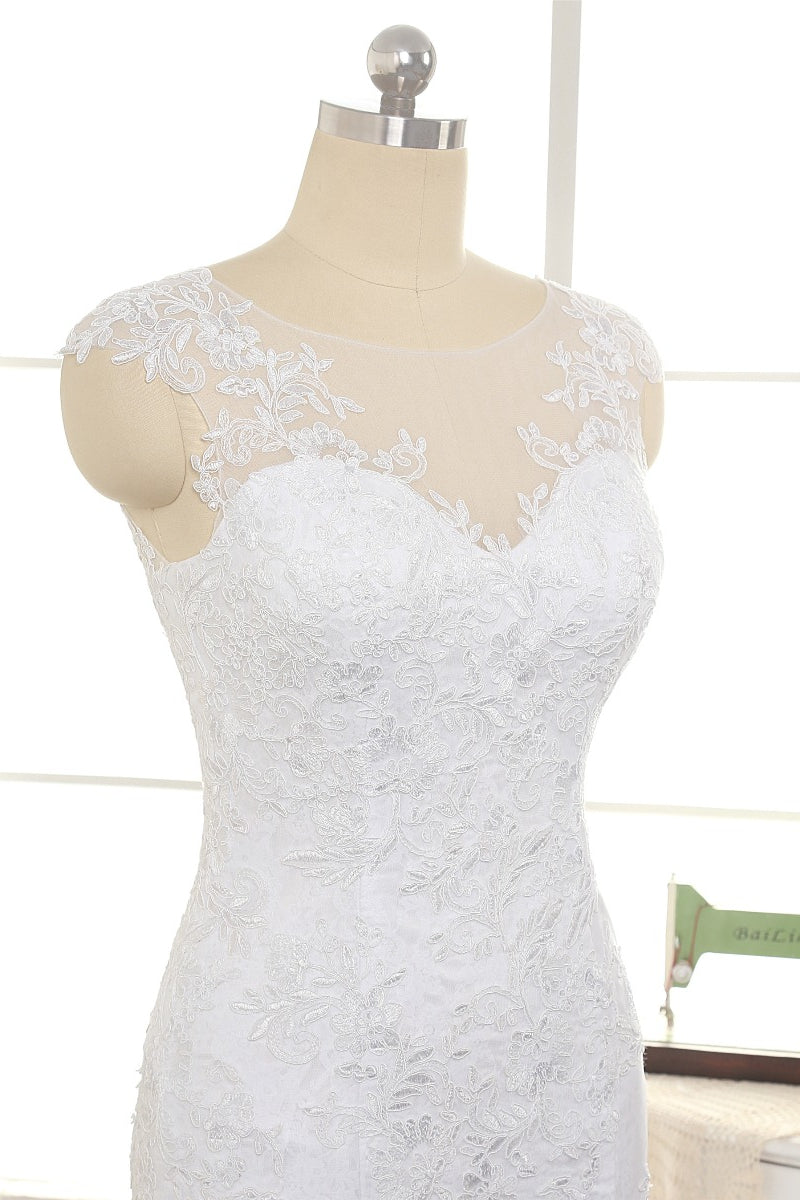 Gorgeous White Mermaid Lace Wedding Dresses With Appliques Jewel Sleeveless Bridal Gowns