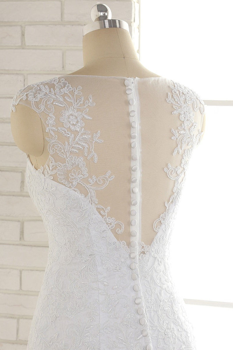 Gorgeous White Mermaid Lace Wedding Dresses With Appliques Jewel Sleeveless Bridal Gowns