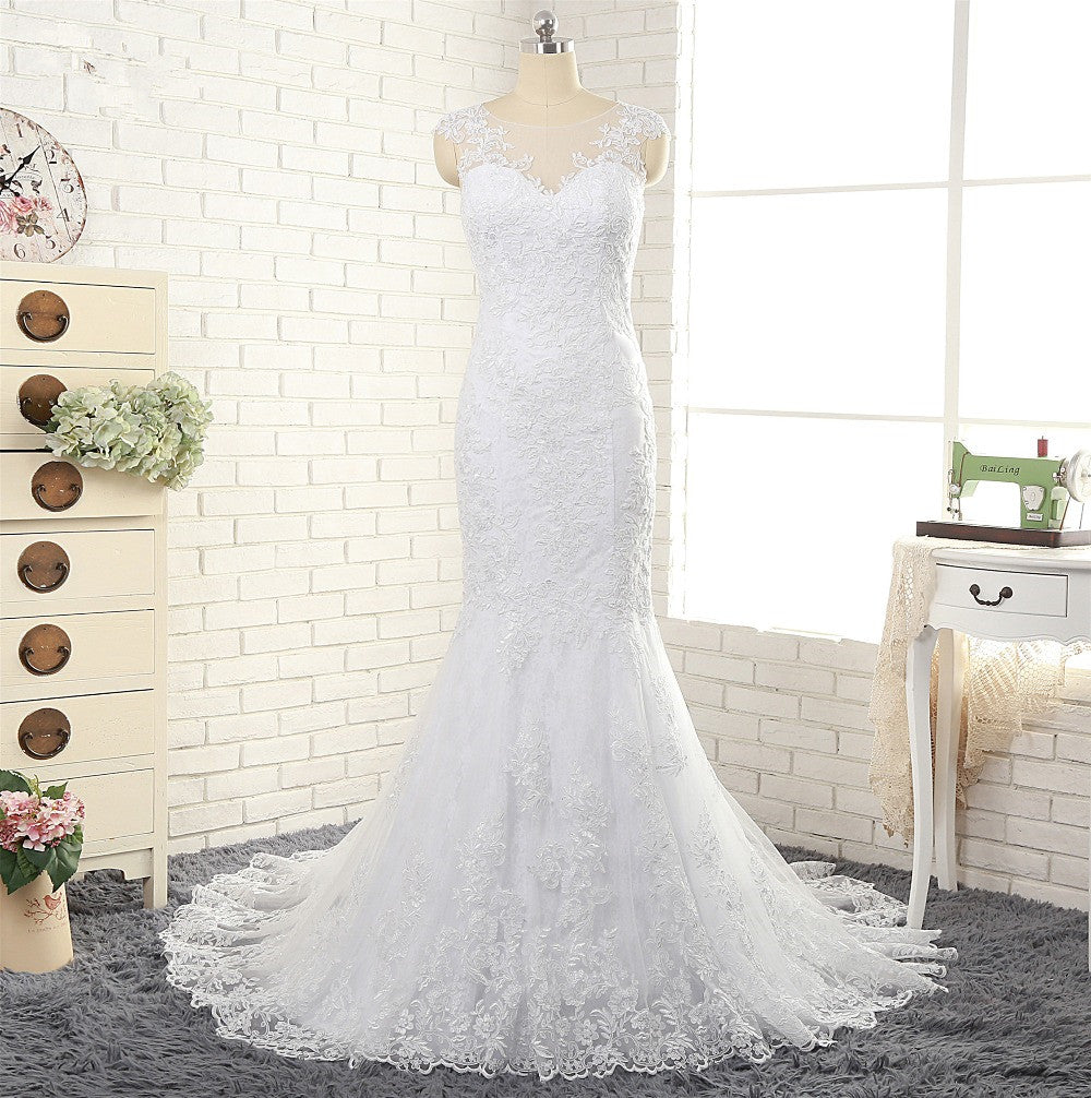 Gorgeous White Mermaid Lace Wedding Dresses With Appliques Jewel Sleeveless Bridal Gowns