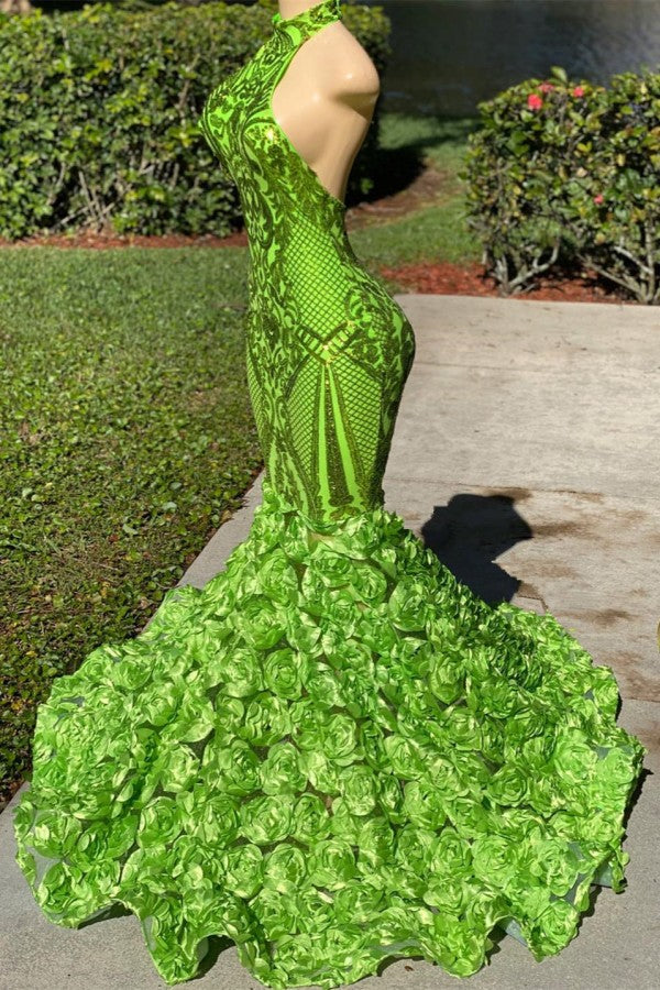 Green High Neck Prom Dress Sleeveless Sequins Mermaid Flowers Bottom