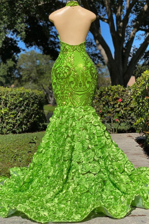 Green High Neck Prom Dress Sleeveless Sequins Mermaid Flowers Bottom