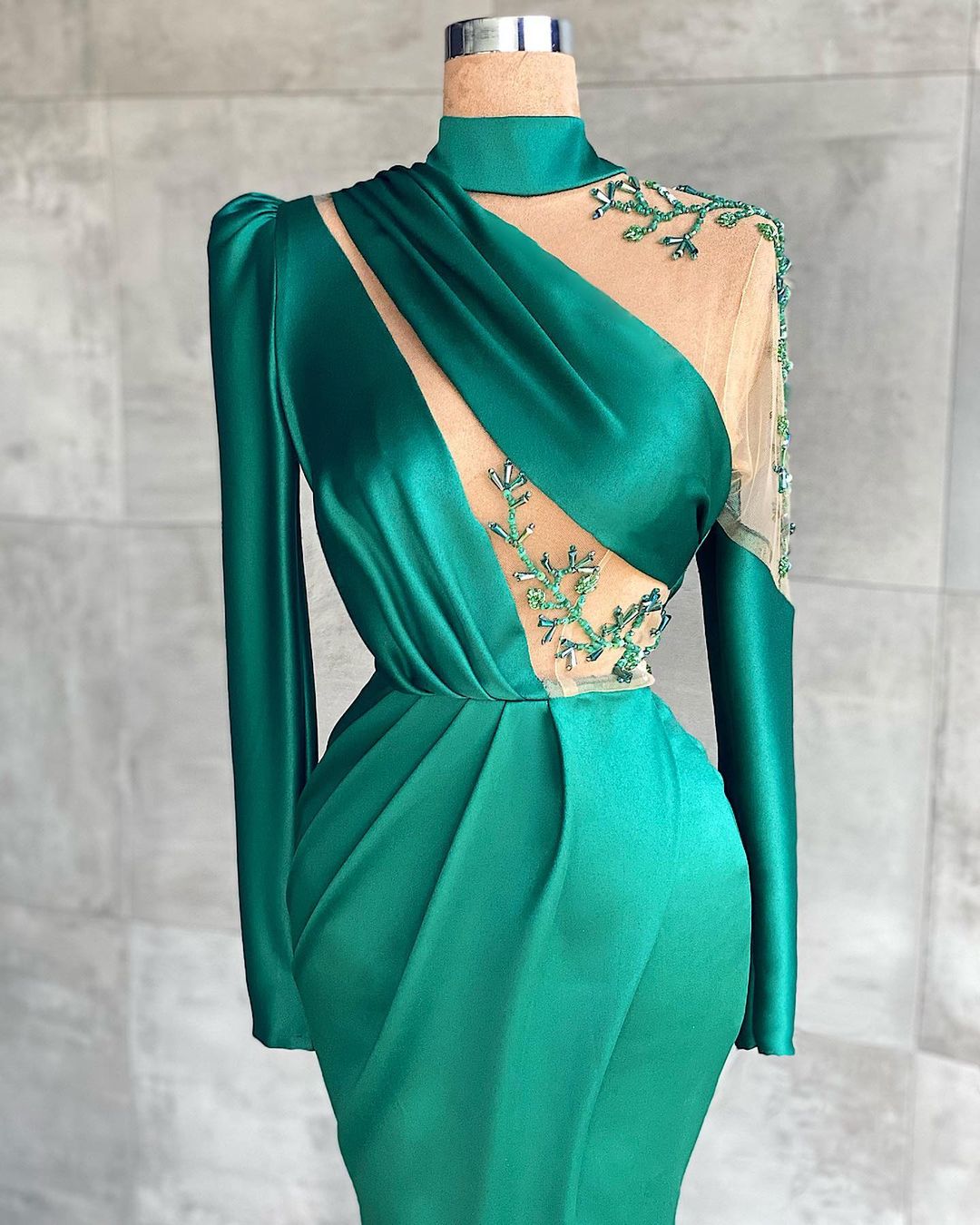 Green One Shoulder Long Sleeves Prom Dress Mermaid With Slit