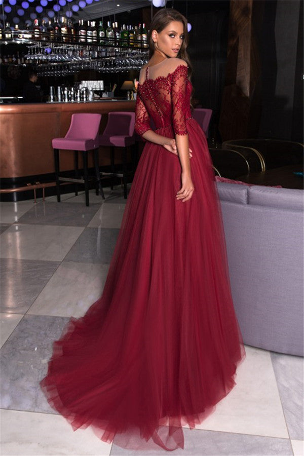 Half Sleeves Burgundy Lace Prom Dress Tulle Long