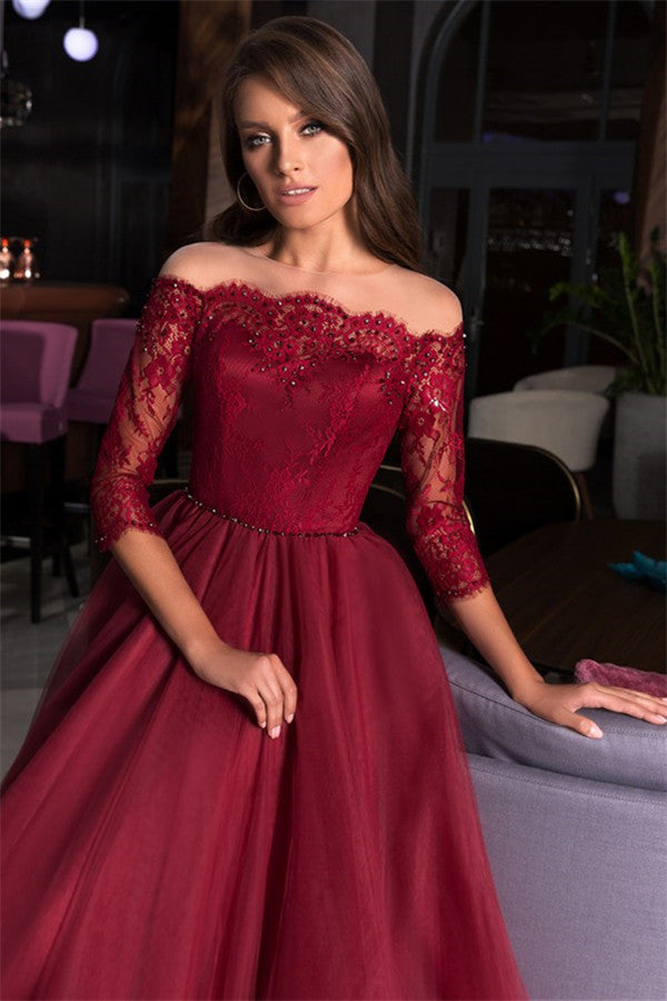 Half Sleeves Burgundy Lace Prom Dress Tulle Long