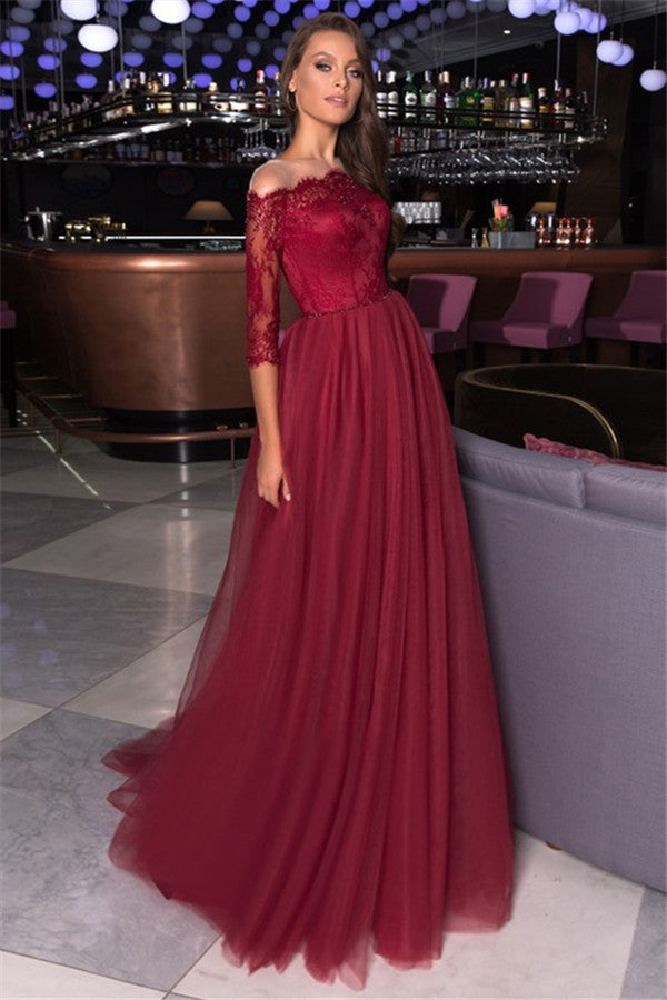 Half Sleeves Burgundy Lace Prom Dress Tulle Long