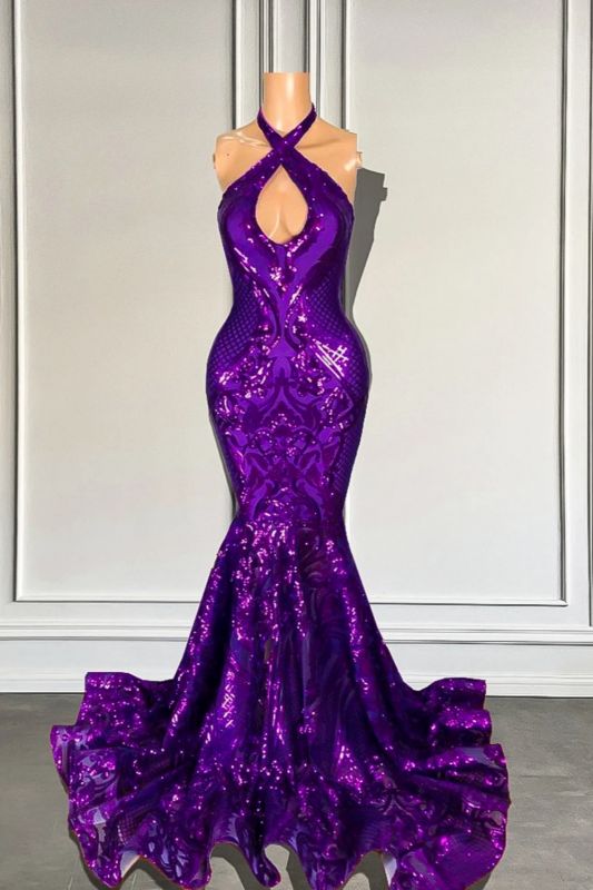 Halter Cross Shiny Sequined Purple Mermaid Prom Dress