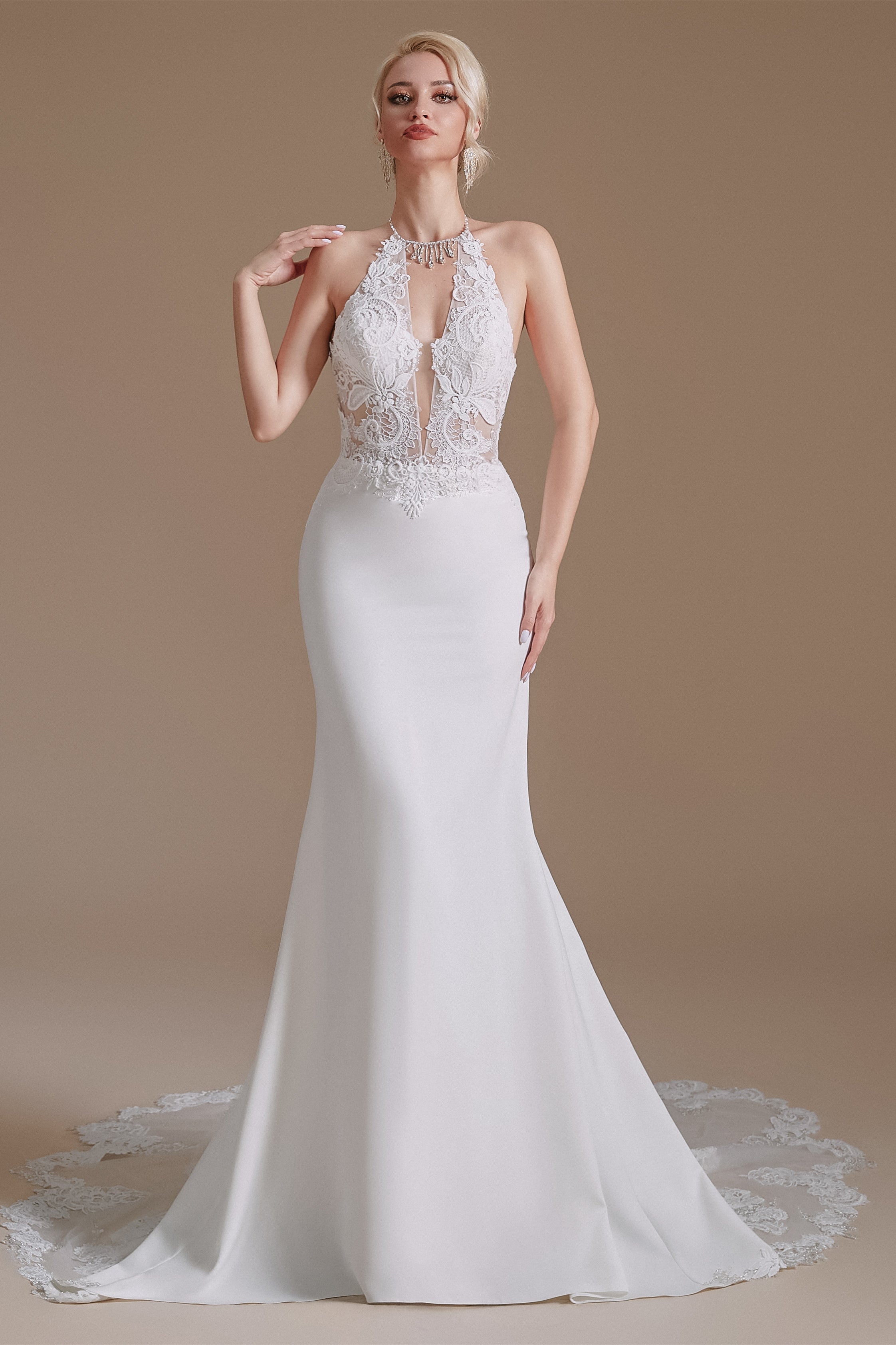 Halter Lace Applique Mermaid Wedding Dress | Ballbella Design