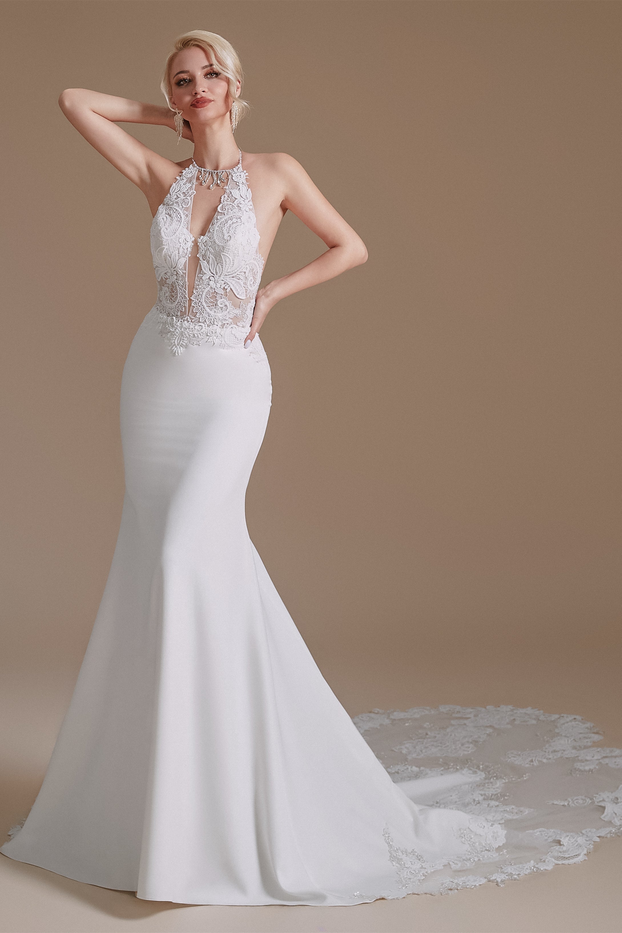 Halter Lace Applique Mermaid Wedding Dress | Ballbella Design