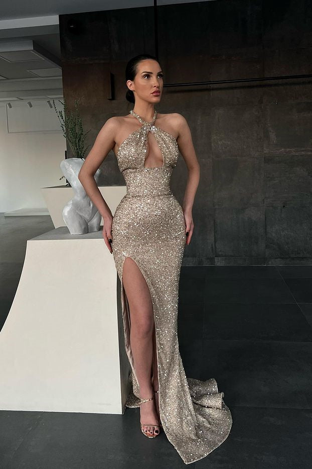 Halter Sequins Mermaid Prom Dress Sleeveless With Slit