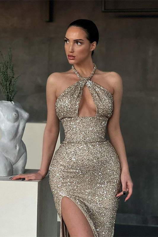 Halter Sequins Mermaid Prom Dress Sleeveless With Slit