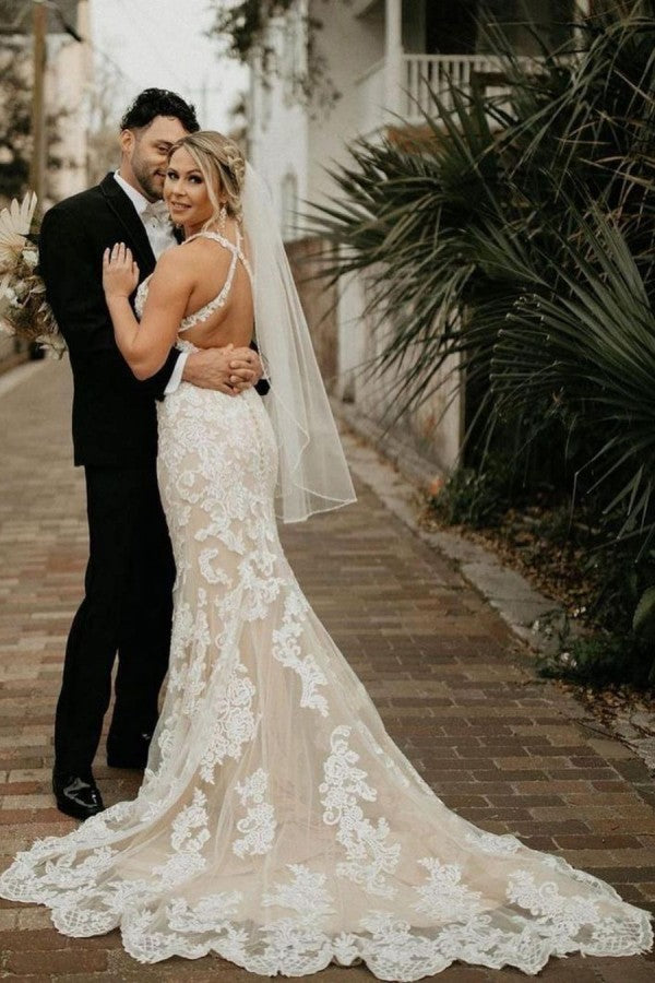 Halter Sleeveless Mermaid Wedding Dress With Applqiues Boho Bridal Gown