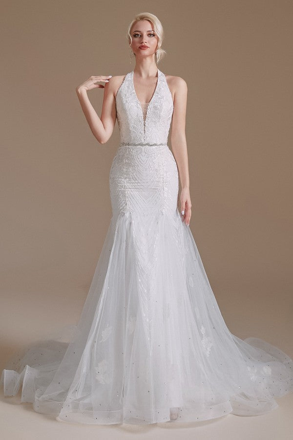 Halter V-Neck Mermaid Lace Wedding Dress Long On Sale