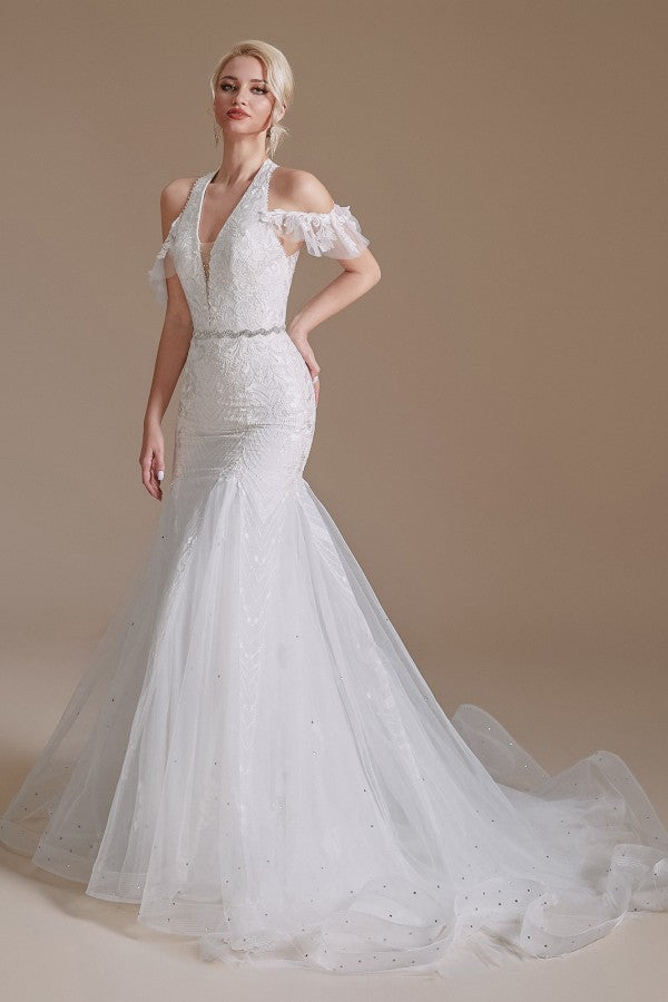 Halter V-Neck Mermaid Lace Wedding Dress Long On Sale