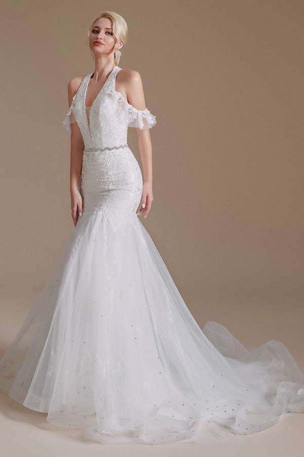 Halter V-Neck Mermaid Lace Wedding Dress Long On Sale