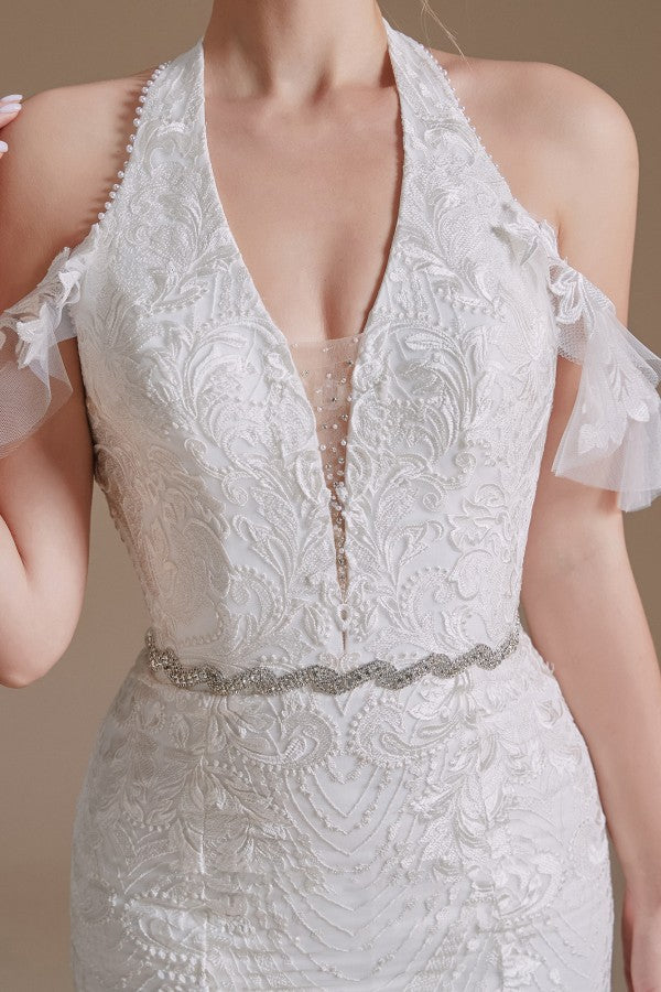 Halter V-Neck Mermaid Lace Wedding Dress Long On Sale