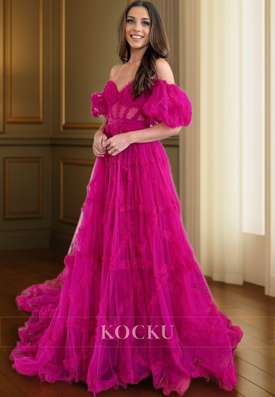 L1367 - A-Line Off-Shoulder Tulle Appliques Backless Prom Evening Formal Dress