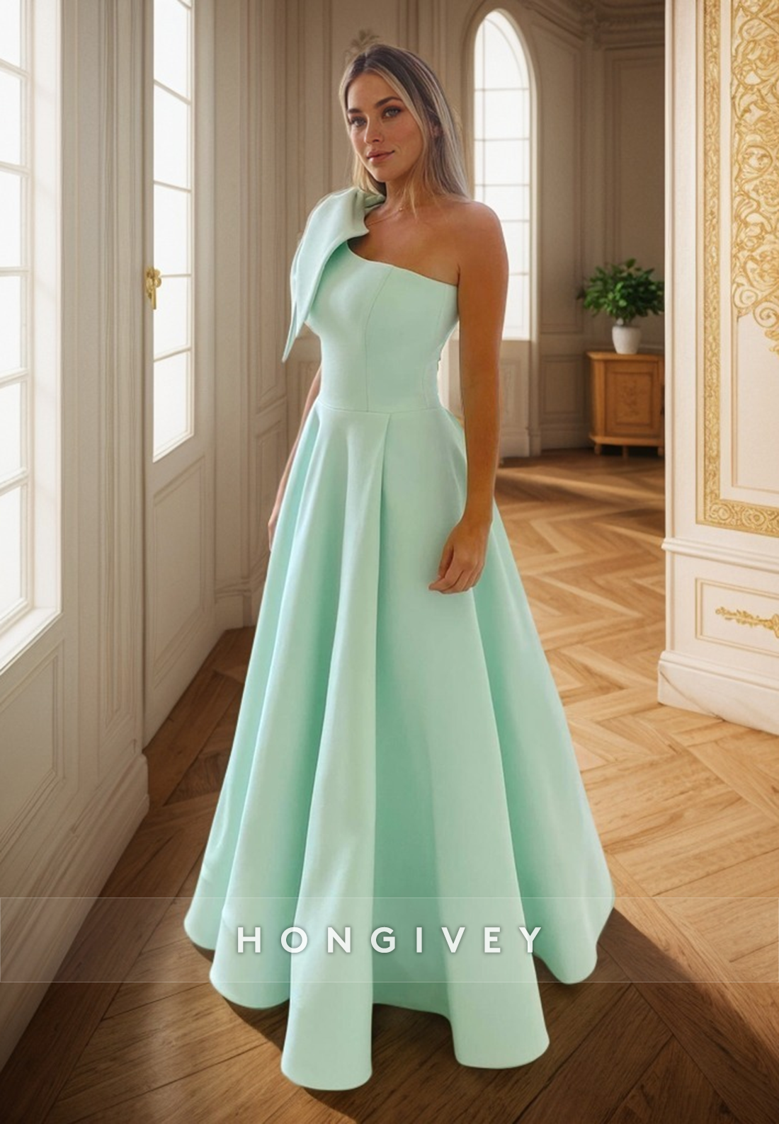 L2989 - Satin A-Line One Shoulder Floor-Length Party Prom Evening Dress