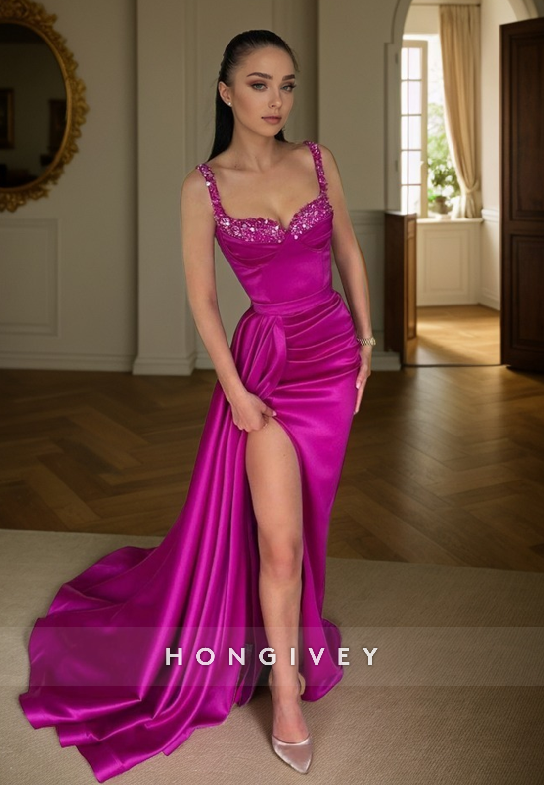 L1333 - Sexy Satin Sweetheart Spaghetti Straps Sequined Ruched Embellished With Train Party Prom Evening Dress