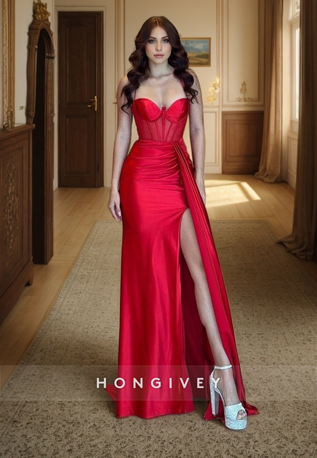 L1370 - Hot Red Sweetheart Spaghetti Straps Illusion With Side Slit Party Prom Evening Dress