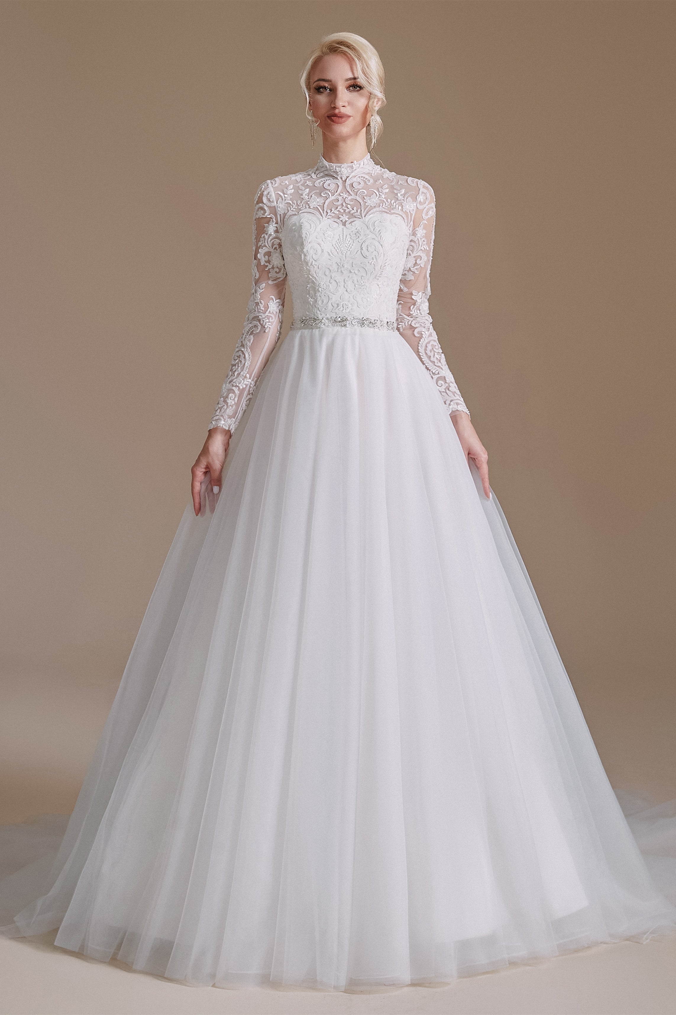 High Collar Lace Applique Long Sleeves Floor Length Wedding Dress | Ballbella Design