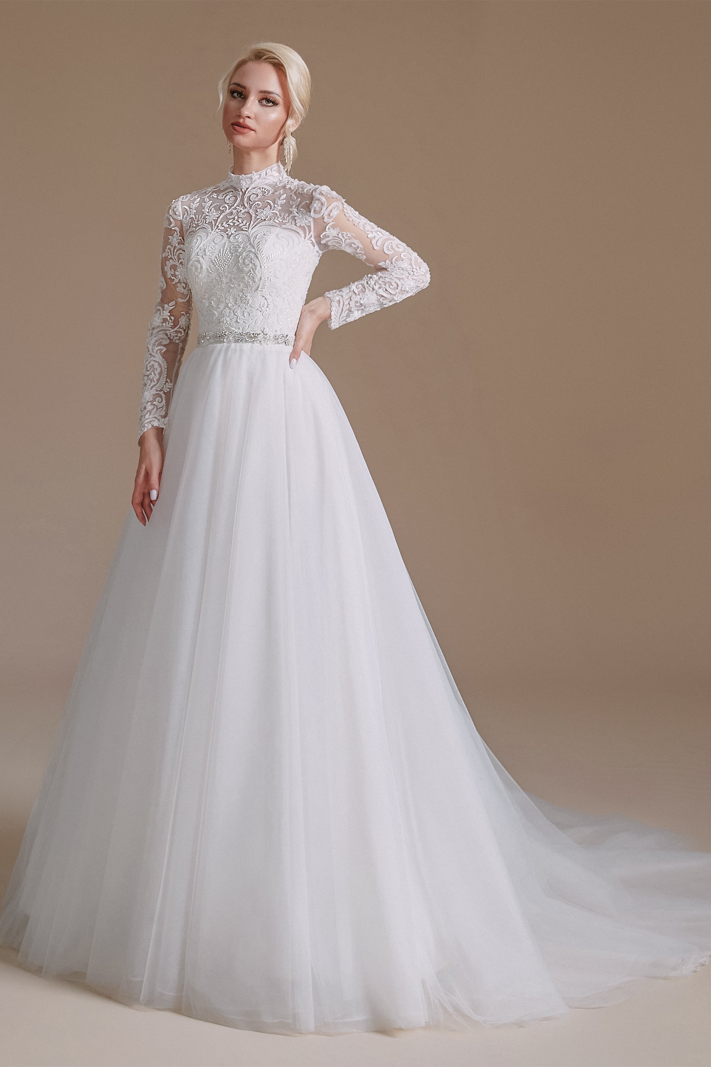 High Collar Lace Applique Long Sleeves Floor Length Wedding Dress | Ballbella Design