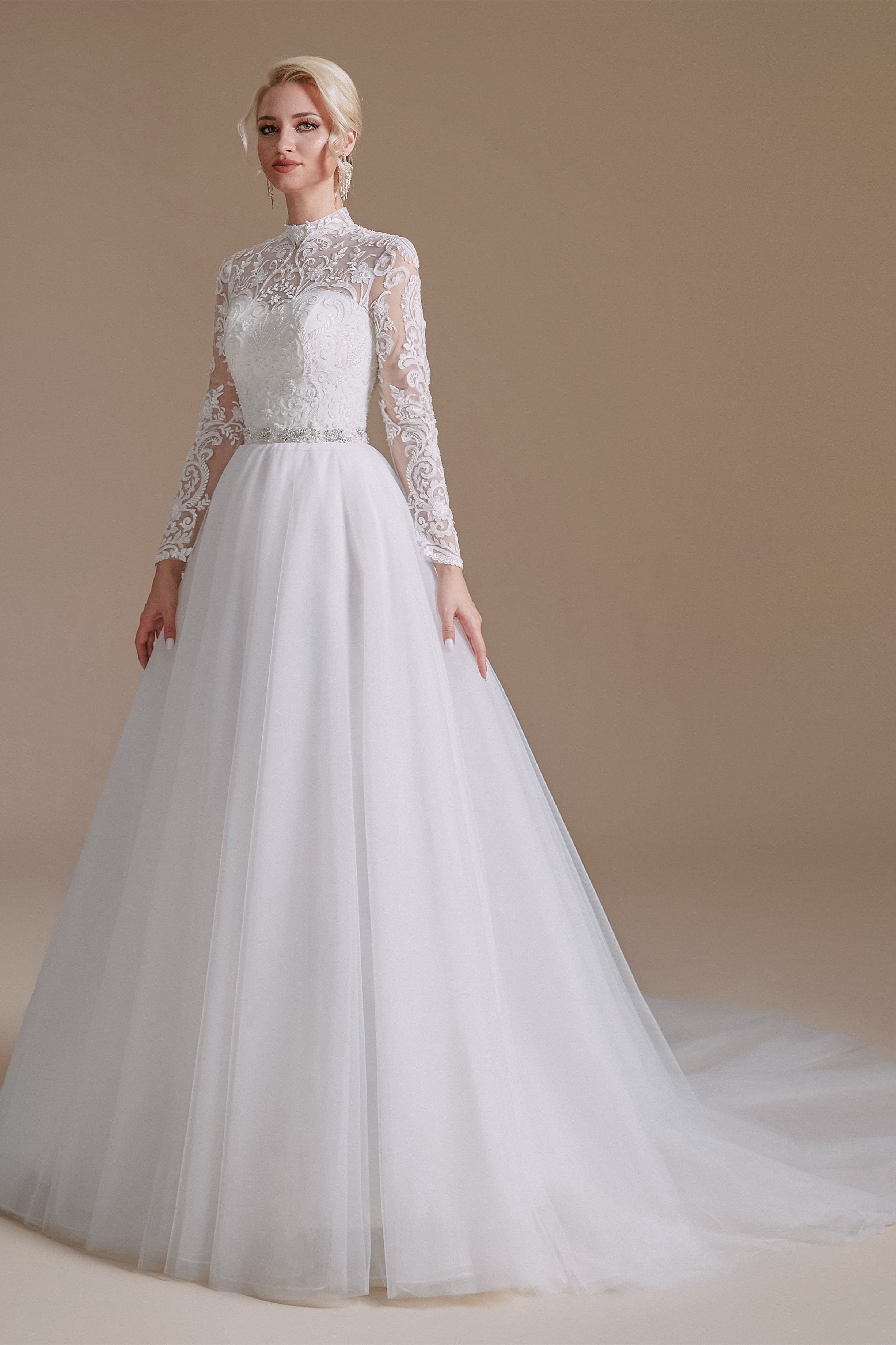 High Collar Lace Applique Long Sleeves Floor Length Wedding Dress | Ballbella Design