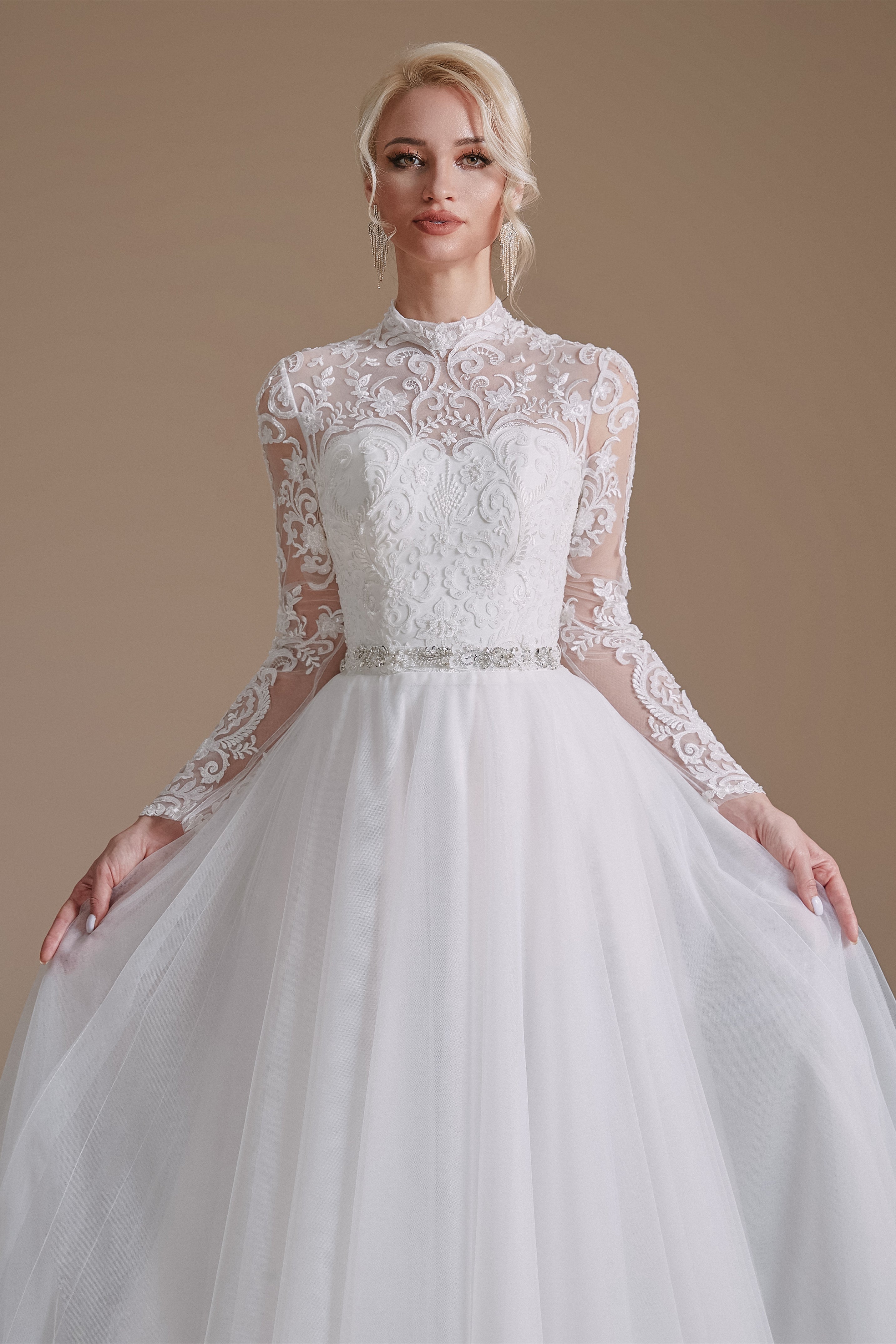 High Collar Lace Applique Long Sleeves Floor Length Wedding Dress | Ballbella Design