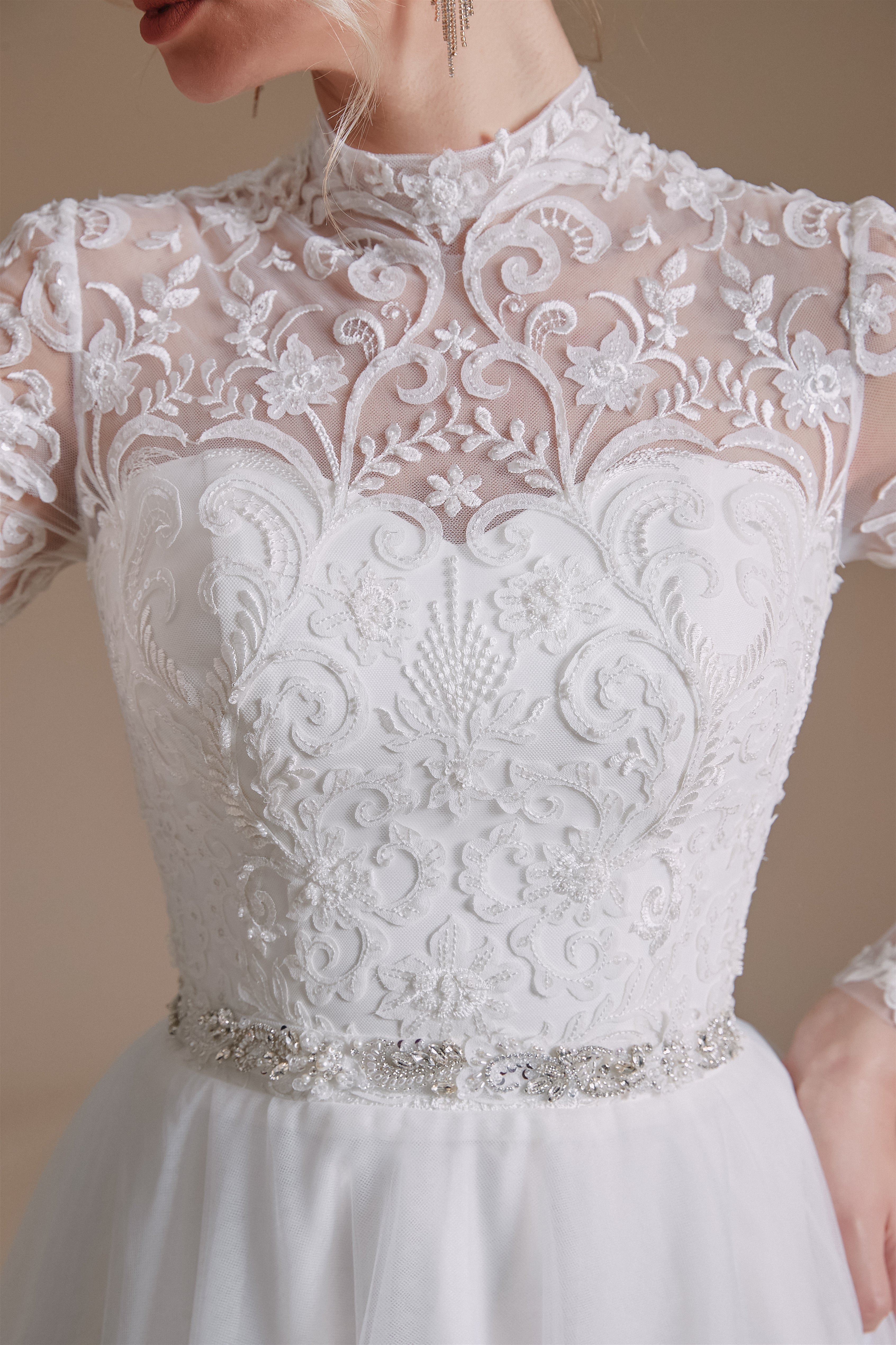 High Collar Lace Applique Long Sleeves Floor Length Wedding Dress | Ballbella Design