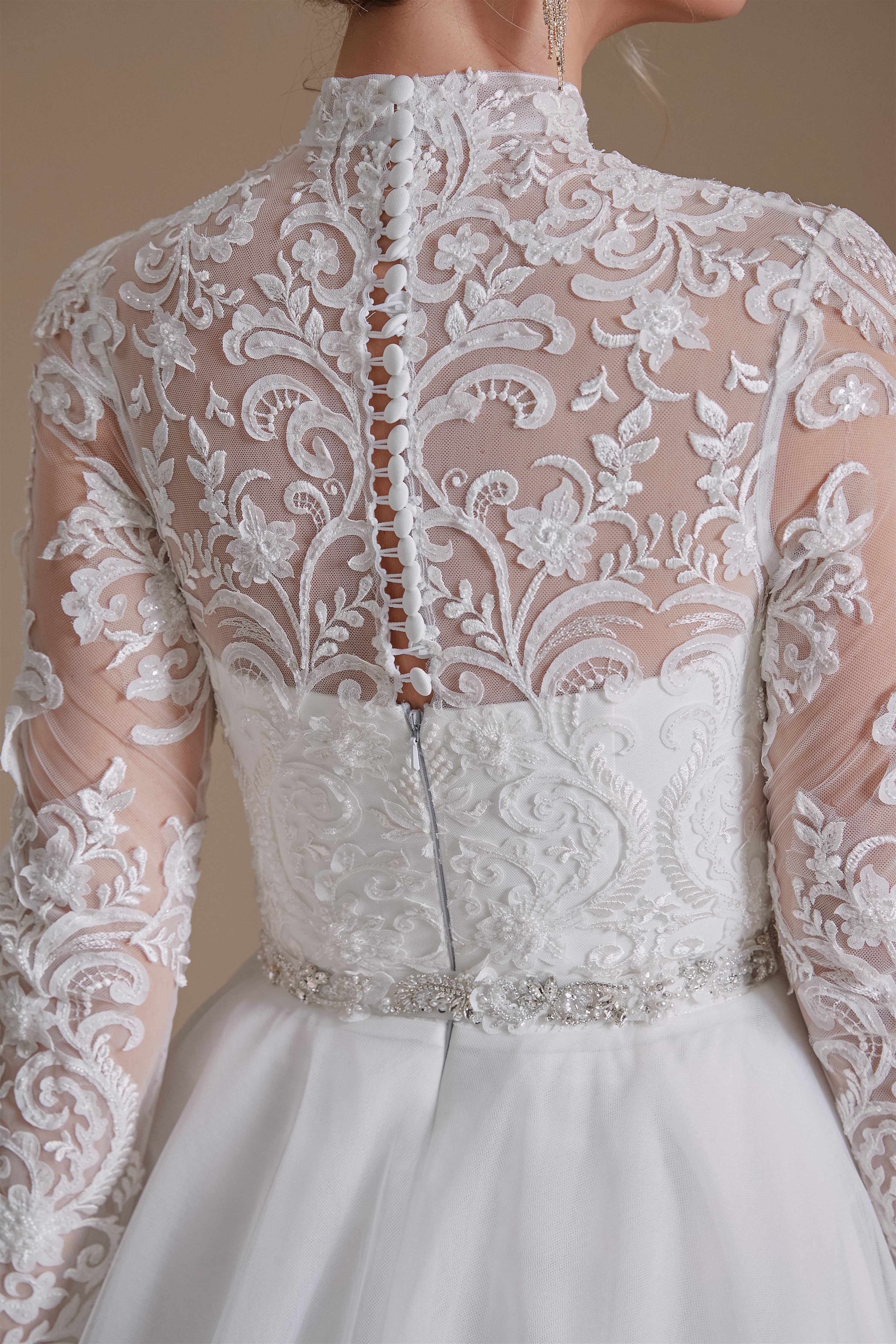 High Collar Lace Applique Long Sleeves Floor Length Wedding Dress | Ballbella Design