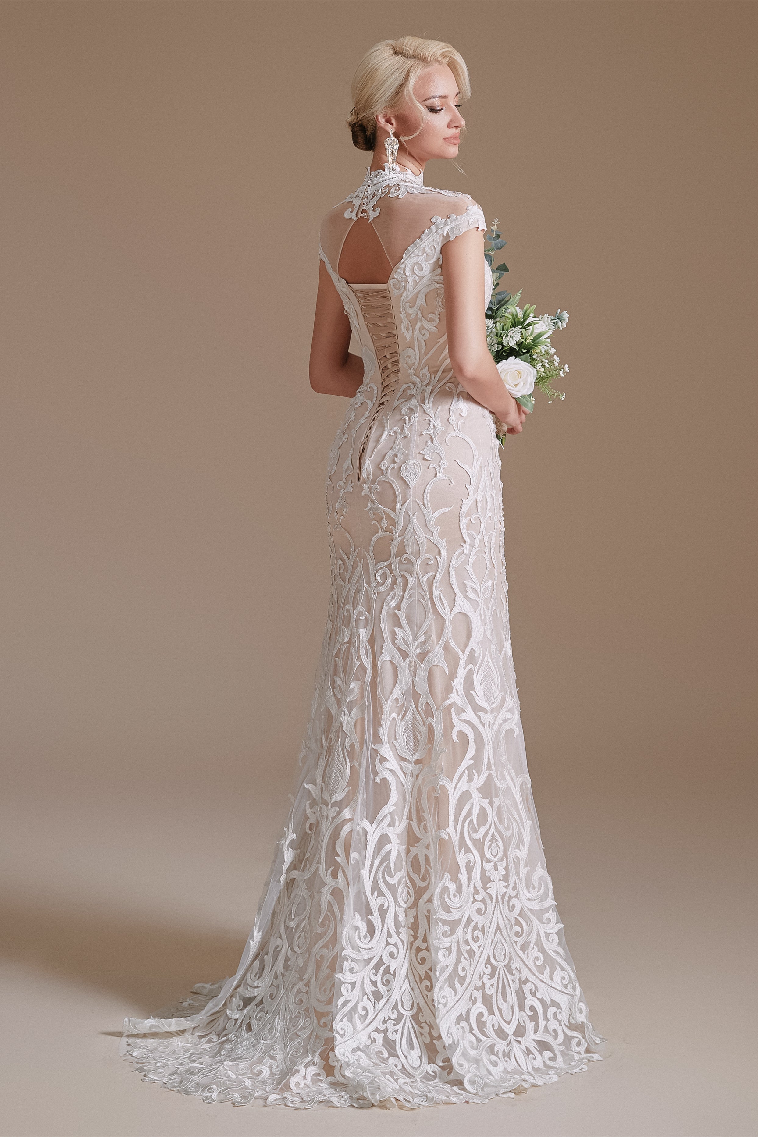 High Collar Lace Long Cap Sleeves Mermaid Wedding Dress | Ballbella Design