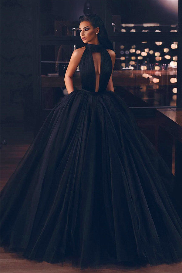 High Neck Black Tulle Prom Dress Ball Gown Sleeveless