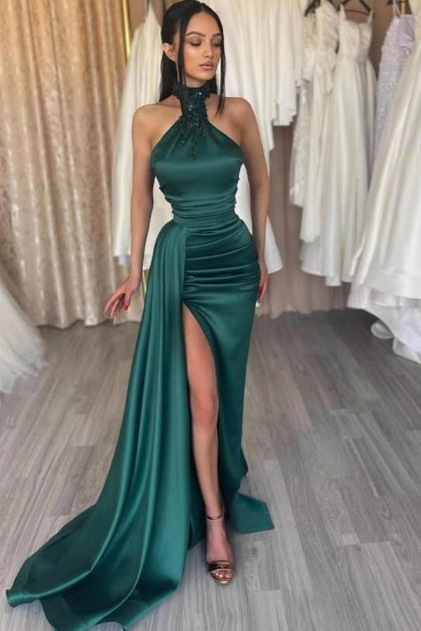 High Neck Mermaid Evening Dress Dark Green With Slit