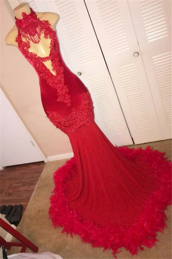 High Neck Red Mermaid Prom Dress With Appliques Feather